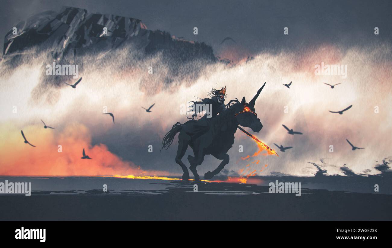 Der Geisterkönig reitet auf einem Pferd und hält ein brennendes Schwert, digitaler Kunststil, Illustrationsmalerei Stockfoto