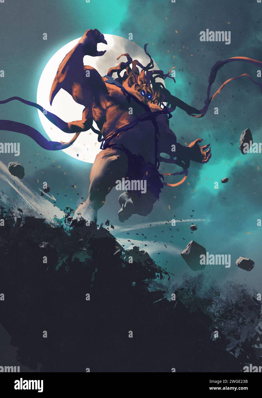 Muskulöser roter Riese, der von den Felsen springt, digitaler Kunststil, Illustrationsmalerei Stockfoto