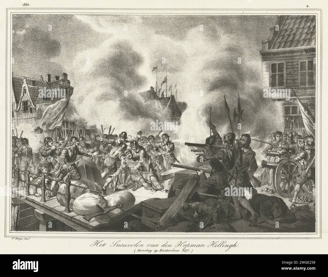 The Dying of Helling während des Angriffs auf Amsterdam, 1577, 1837, drucken The Dying of Helling während des Angriffs auf Amsterdam, 23. November 1577. Schwere Kämpfe auf einer Brücke. Oben rechts markiert: 5. Niederlande Papierschlacht Amsterdam Stockfoto