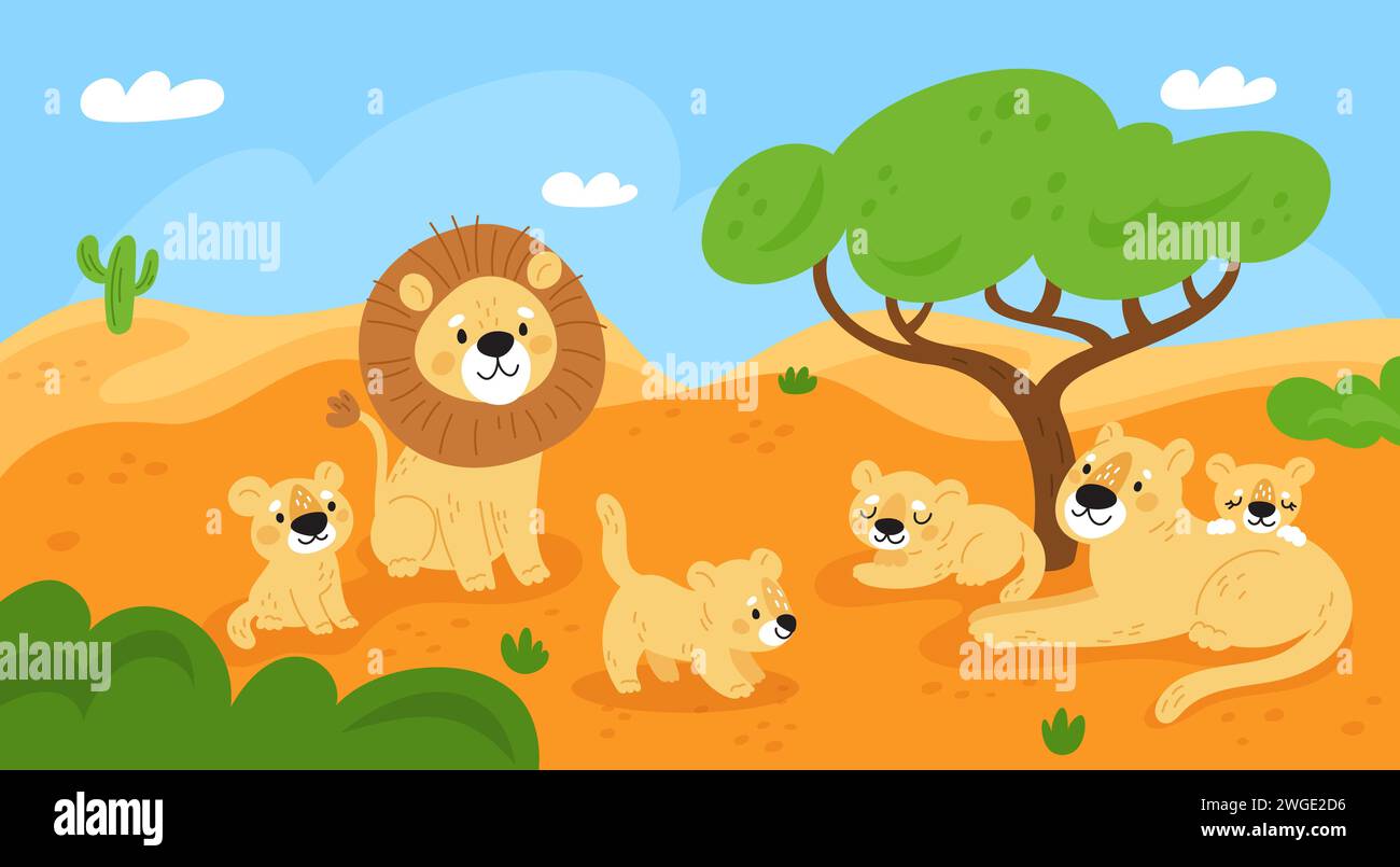 Löwenfamilie über die Natur. Wunderschöne Savannenlandschaft. Wilde Tiere. Stolz zum Ausruhen. Löwin mit Jungen. König der Bestien. Afrikanisches Safari-Panorama. Cartoon Stock Vektor