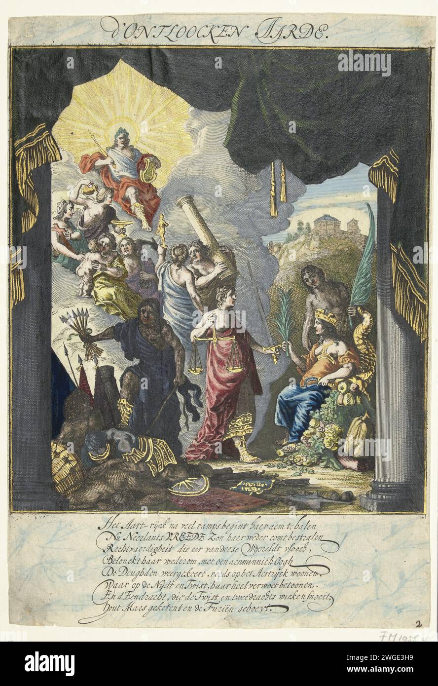 Ausstellung der Erde, 1648, Salomon Savery, nach Isaac Isaacsz, 1649 Druck Anzeige der Erde. Ein Teil der Eindrücke, die am 23. Juni 1648 auf der Schouwburg in Amsterdam nach Abschluss des Friedens von Münster inszeniert wurden. Die vierte Darstellung zeigt, wie sich die Erde und der Reichtum nach dem Krieg erholen, die Tugenden vom Götterhimmel (mit Apollo) auf die Erde zurückkehren. In der Bildunterschrift ein Vers aus 8 Zeilen auf Niederländisch. Mit Stift unten rechts nummeriert: 2. Amsterdamer Theater zum Ätzen/Lackieren, Theatervorstellung. Festlichkeiten zu Ereignissen von nationaler Bedeutung. Die SE Stockfoto