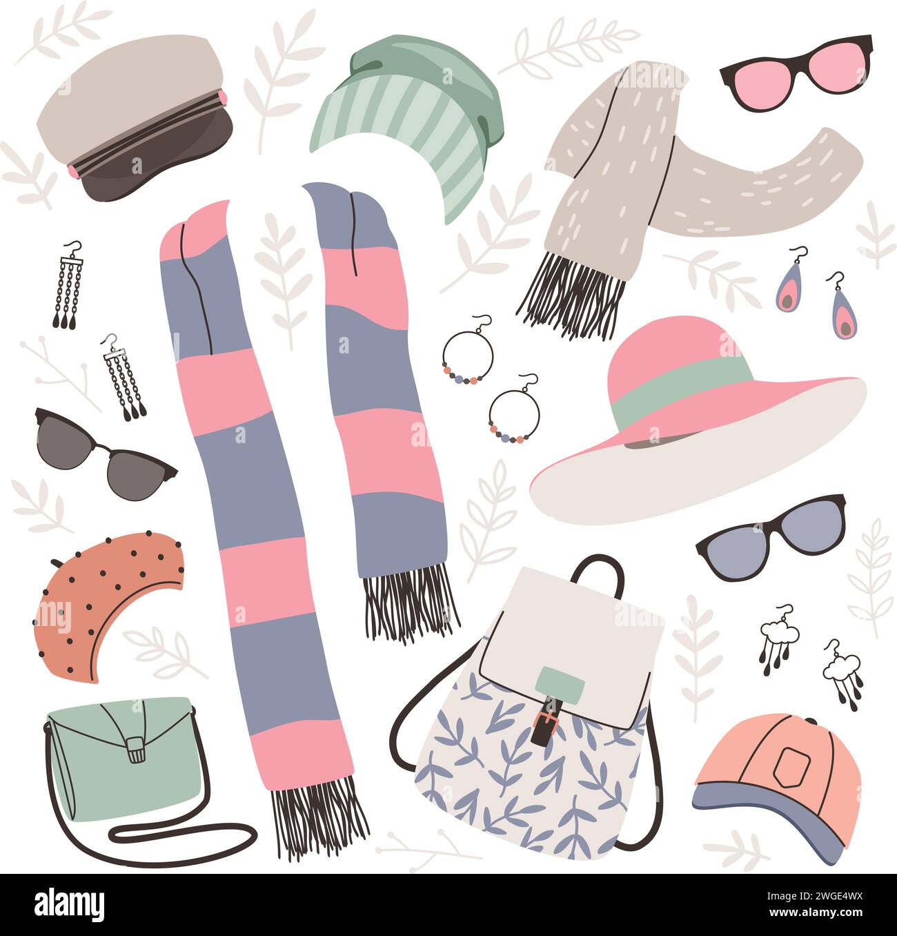 Die Kollektion von Damenaccessoires umfasst Taschen, Hüte und Brillen. Vektor von Sonnenbrillen Accessoires, Shopping feminine stilvolle Illustration Stock Vektor