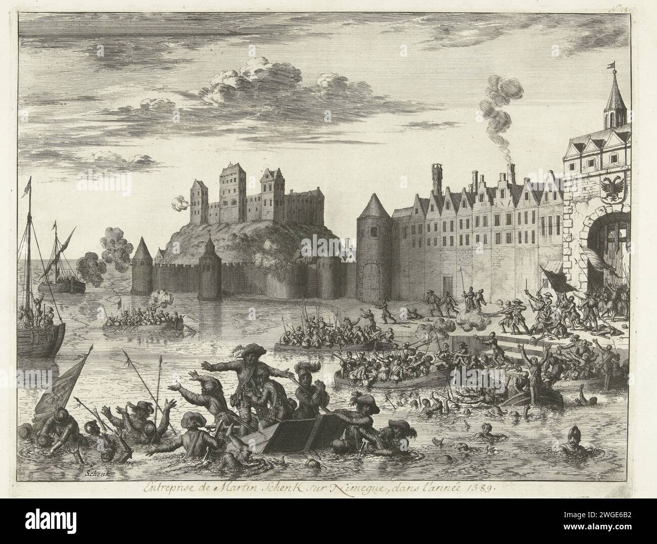 Angriff von Maarten Schenck auf Nijmegen, 1589, 1730 Drucken Fehlgeschlagen Angriff von Truppen unter Maarten Schenck auf die Stadt Nijmegen, 10. August 1589. Episode aus dem Keulse-Krieg. Auf der Flucht aus der Stadt ertrinkt Schenck in der Waal. Nord-Niederlande Papierätzkampf. Ertrinkender, Schiffbrüchiger Nijmegen Stockfoto