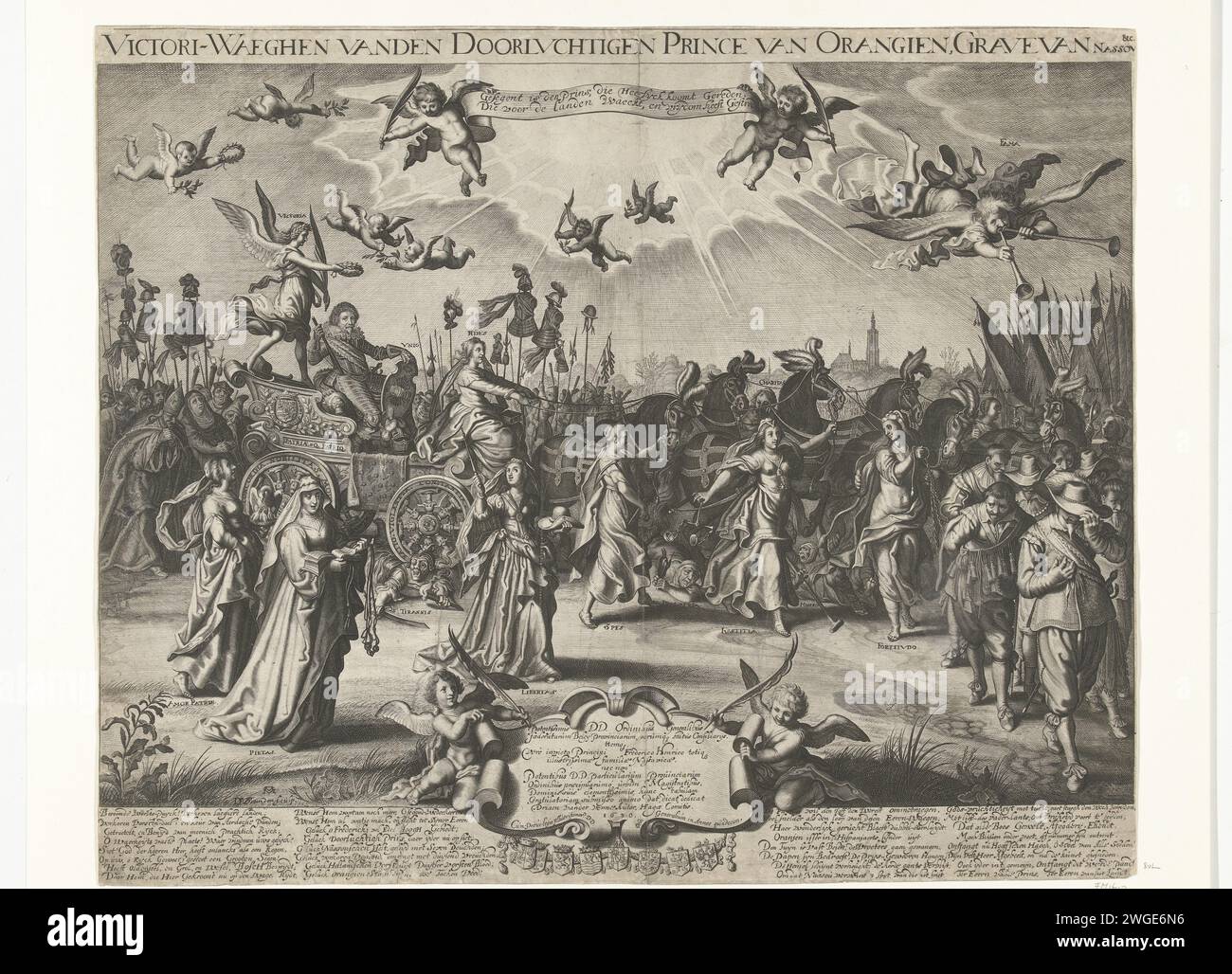 Allegorischer triumphierender Eintrag von Frederik Hendrik, 1629, 1630 Druckschrift Allegory zu Ehren der Eroberungen von den Bosch und Wesel durch Frederik Hendrik im Jahr 1629. Triumphparade mit dem Statthalter in einem Wagen Gemende von Faith (Fides), die Pferde begleitet von den Tugenden Hoffnung (SPES), Gerechtigkeit (Justitia), Macht (Fortitudo), Liebe (Charitas), Mäßigung (Temperantia) und Vorsicht (Prudentia). Links für das Auto Liebe für die Heimat (Amor Patriae), Frömmigkeit (Pietas) und Vrijheid (Libertas). Wegen des Autos, berichteten Spanier, hinter dem Auto, trauern Katholiken. In der Luft der Ruhm (fama) und Engel. In der Zukunft Stockfoto