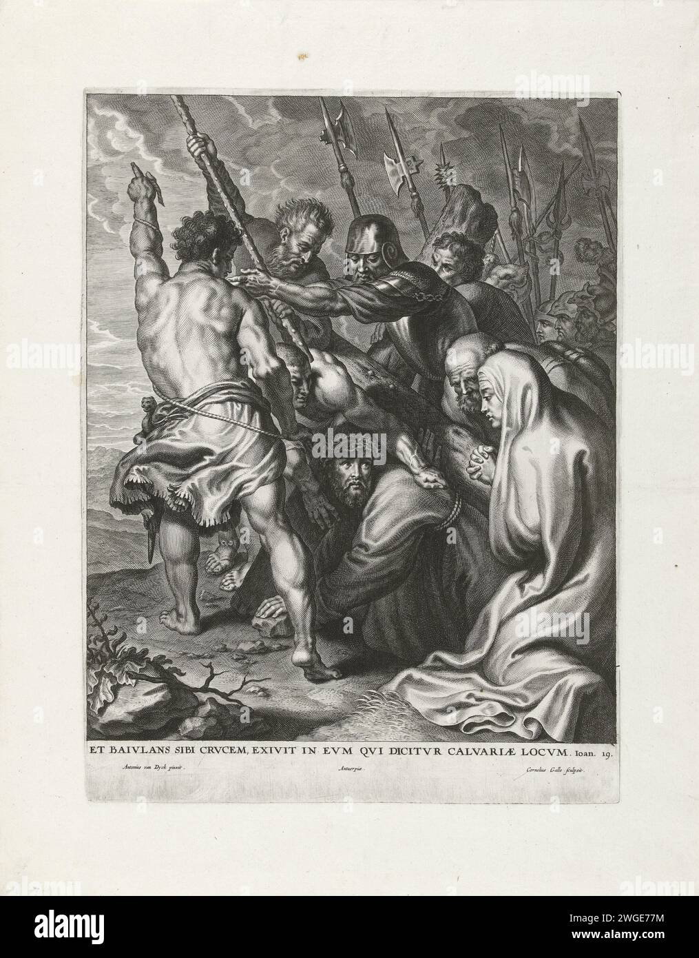 Kreuzung, Cornelis Galle (I), nach Anthony Van Dyck, 1586–1650 Druck umgeben von einer Menschenmenge, trägt Christus das Kreuz nach Golgatha. Er stützt seine Hände und Knie und droht unter seiner Last zu stürzen. Soldaten fahren ihn und setzen ihn fort. Neben dem Kreuz kniet Maria mit gefalteten Händen, Simon van Cyrene hilft Christus, seine Last zu tragen. Antwerpener Papiergravur Christus kollabierend  Tragen des Kreuzes Stockfoto Kreuzung, Cornelis Galle (I), nach Anthony Van Dyck, 1586–1650 Druck umgeben von einer Menschenmenge, trägt Christus das Kreuz nach Golgatha. Er stützt seine Hände und Knie und droht unter seiner Last zu stürzen. Soldaten fahren ihn und setzen ihn fort. Neben dem Kreuz kniet Maria mit gefalteten Händen, Simon van Cyrene hilft Christus, seine Last zu tragen. Antwerpener Papiergravur Christus kollabierend  Tragen des Kreuzes Stockfoto
