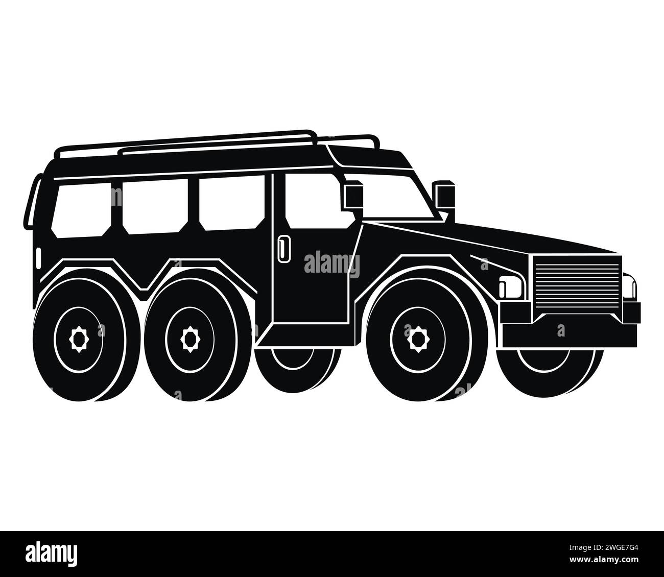 Silhouette eines gepanzerten Militärfahrzeugs. Schwarzes Symbol. Kriegs- und Armeesymbole. Vektorillustration isoliert auf weißem Hintergrund. Stock Vektor