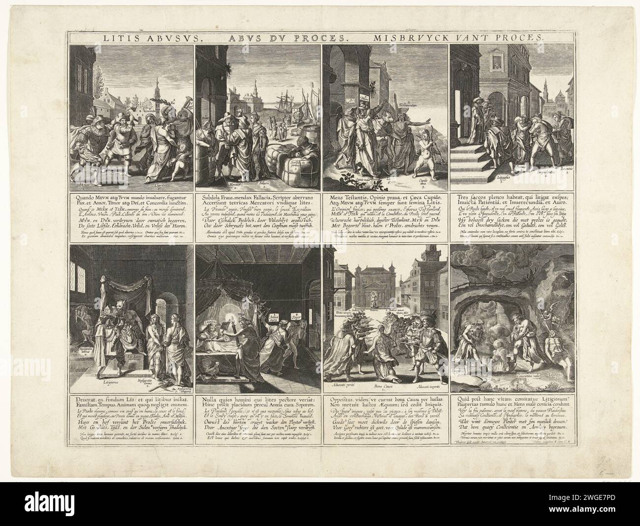 Allegorien über den Missbrauch von Rechtsstreitigkeiten, CA. 1600, 1600 - 1633 Seite drucken mit acht Aufführungen mit Allegorien über den Missbrauch des Verfahrensrechts und die nachteiligen Folgen eines kontinuierlichen Rechtsstreits, ca. 1600. Jede Präsentation mit insgesamt 8 Zeilen untertitelt: 2 auf Lateinisch, 2 auf Französisch, 2 auf Niederländisch und 2 auf Lateinisch. Kopie zur Serie von 8 Platten von Goltzius aus dem Jahr 1597. Druckerei: Low CountriesVerleger: Antwerpen Papiergravur / Ätzen Rechtsstreitigkeiten, Gerichtsverfahren, Klage. Symbole der Klage Low Countries Stockfoto