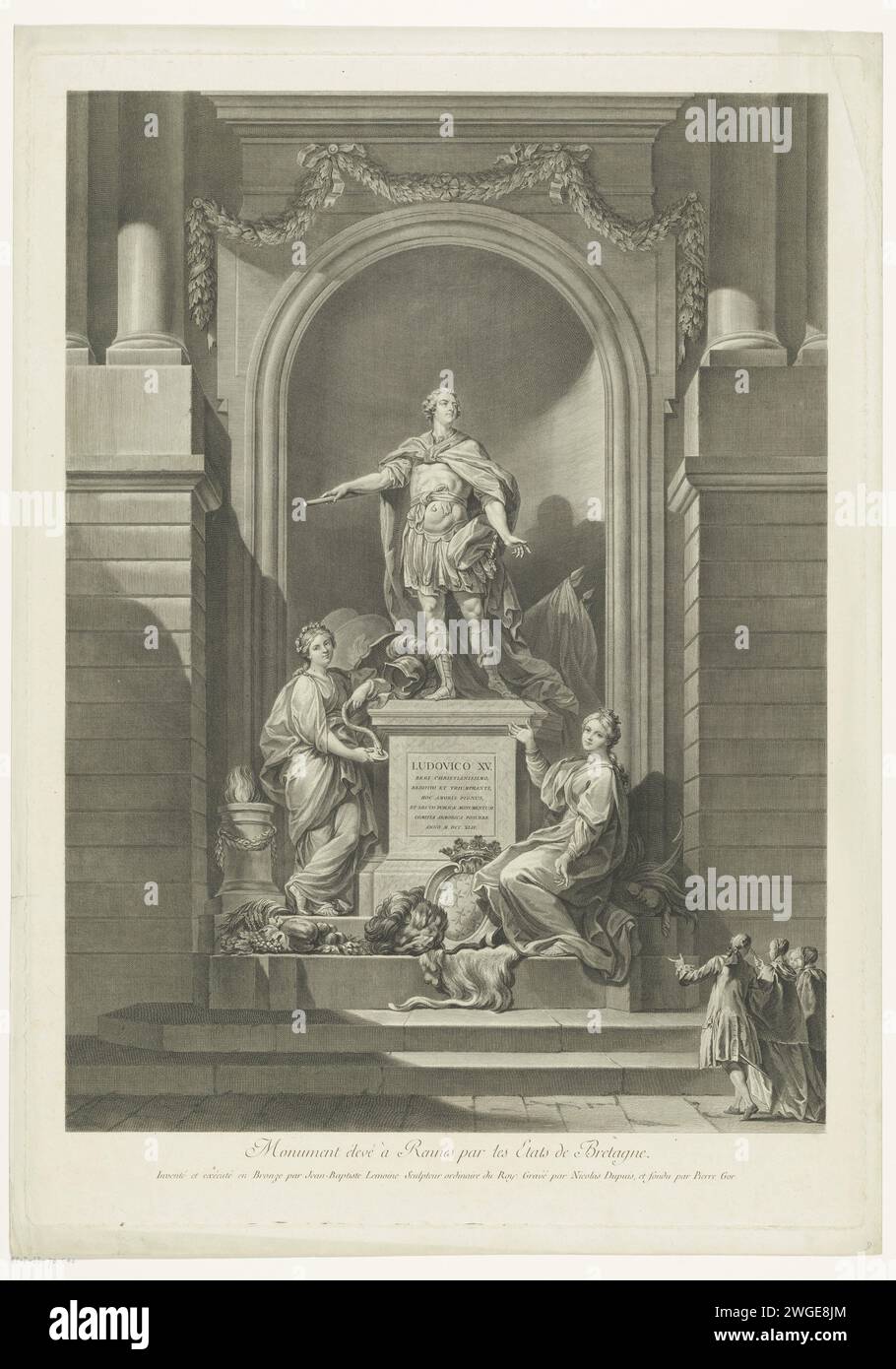 Denkmal für Ludwig XV., König von Frankreich, in Rennes, Nicolas -Gabriel Dupuis, nach Jean Baptiste Lemoyne (II), 1754 - 1771 Druckpapier graviert historische Personen. Denkmal, Statue Rennes Stockfoto