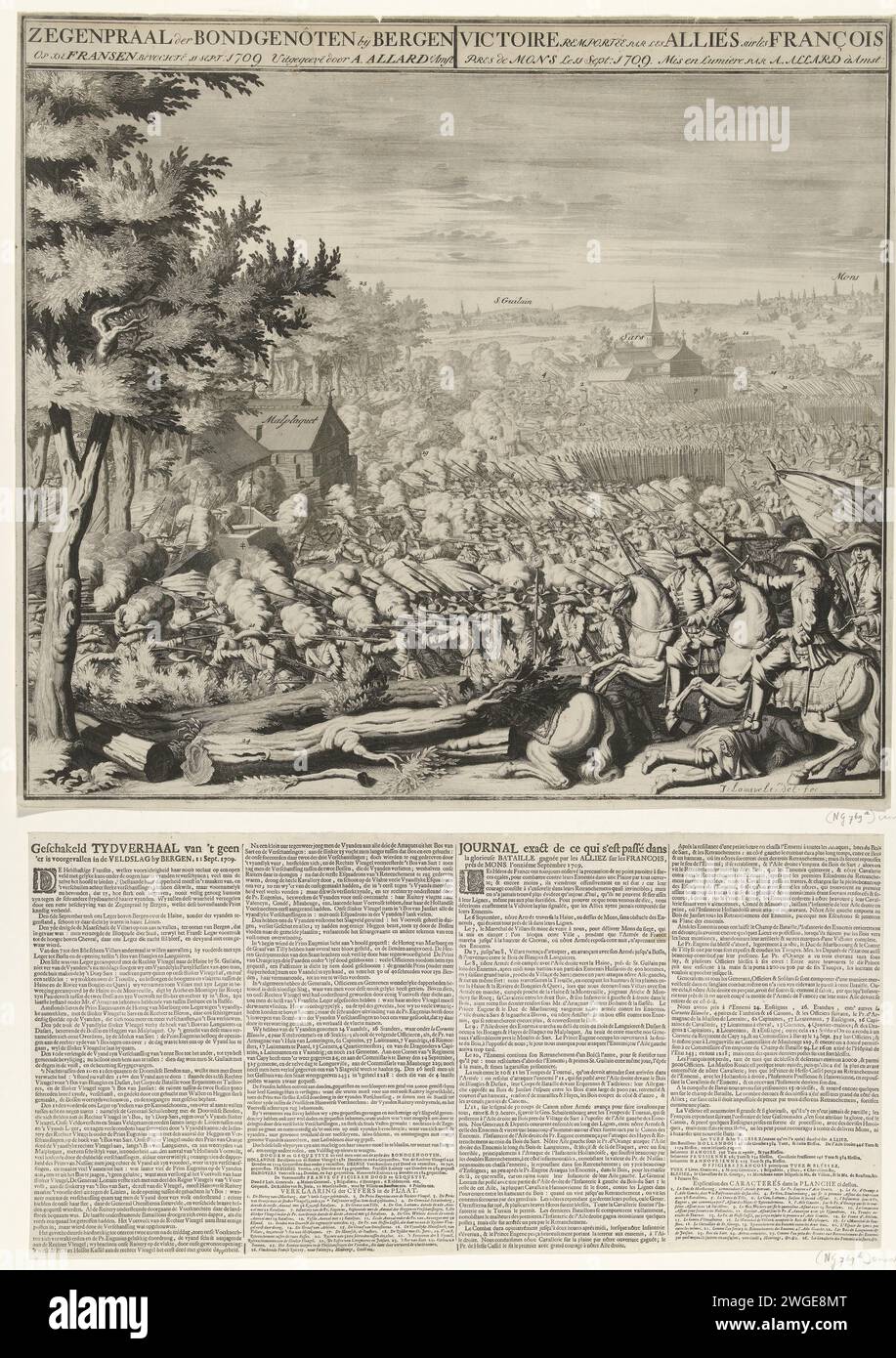 Schlacht von Malplaquet, 1709, 1709 Print die Schlacht von Malplaquet zwischen den Alliierten und den Franzosen, 11. September 1709. Drucken Sie mit einer Darstellung der Schlacht, im Vordergrund rechts der Prinz von Orange auf dem Pferd. Auf dem Druck eine separate lose Zeitschrift mit der Geschichte der Schlacht und der Erklärung der Figuren 1-26 in der Show, in Niederländisch und Französisch. Druckerei: Nord-Niederlande Spublisher: Amsterdam Papierätzung / Gravur / Buchdruck Kampf (+ Landstreitkräfte) Malplaquet Stockfoto