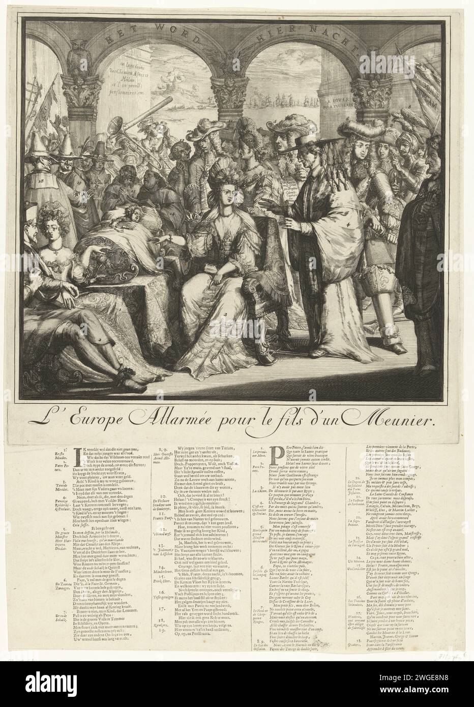 Cartoon on the failed Plan with the poor Child, 1689, 1689 print Cartoon on the failed Plan with Jacobus Frans Eduard, Prince of Wales, the poor Child, 1689. Links auf einem Bett steht das arme Kind, das Kind des müllers. Links ist die wahre Mutter dieses Kindes bei Pater Peters (Edward Petre), mitten in Königin Maria von Modena. Neben ihrem König Jakobus II. Als Kardinal. Darüber hinaus auch Ludwig XIV. Und der Dauphin. Auf der linken Seite machen sich die Quäker bereit, nach Pennsylvania zu fahren. Auf der rechten Seite der Papst. Auf den Bögen im Hintergrund der Text: Es wird Nacht hier sein. Unter der Show Stockfoto