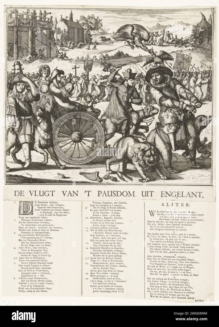 Die Flucht des Papsttums aus England, 1689, 1689 die Flucht des Papsttums aus England, 1689. Cartoon über Jacobus II., Ludwig XIV. Und den Dauphin. Der englische König Jacobus II. Flieht mit seiner Frau Maria von Modena und dem armen Kind, das von einem Hund auf einem Auto gezogen und von Pater Peters (Edward Petre) gefahren wird. Rechts auf einem Bären Lodewijk XIV. (Harlekijn), der das Schwert gegen den niederländischen Löwen ziehen will. Links der Dauphin auf einem Wolf. Unter der Show 2 Strophen in 3 Spalten mit einer Aussage der Zahlen 1-17 in Niederländisch. Das neue Recht unterschrieben mit: Bonissimo. Nordniederländische Papierätzung/Letterpres Stockfoto