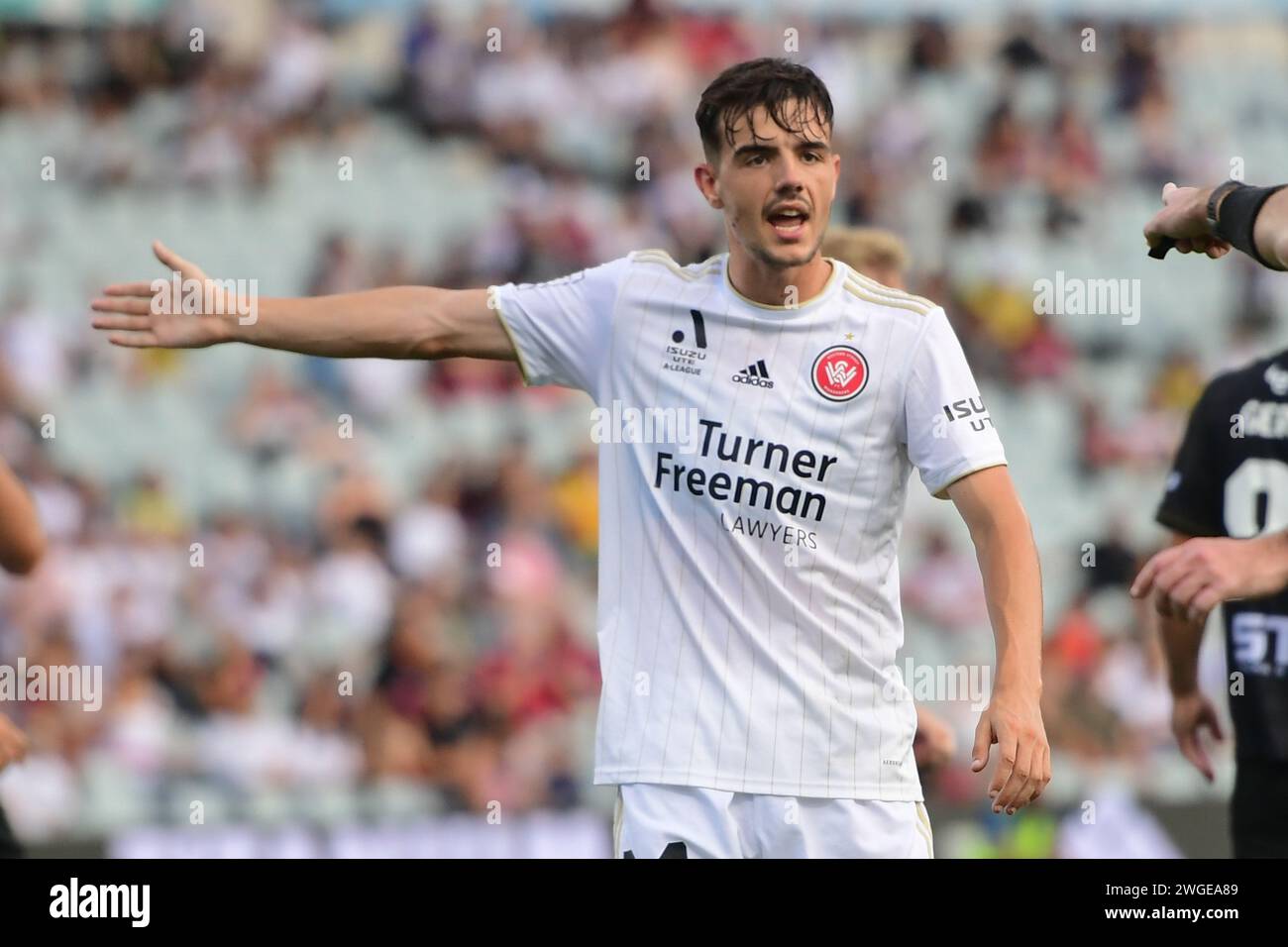 Leumeah, Australien. Februar 2024. Nicolas Milanovic von Western Sydney Wanderers FC reagiert im 15. Runde Spiel der Isuzu UTE A-League zwischen Macarthur FC und Western Sydney Wanderers FC im Campbelltown Stadium. Endpunktzahl: Macarthur 4:3 Western Sydney Wanderers FC. (Foto: Luis Veniegra/SOPA Images/SIPA USA) Credit: SIPA USA/Alamy Live News Stockfoto