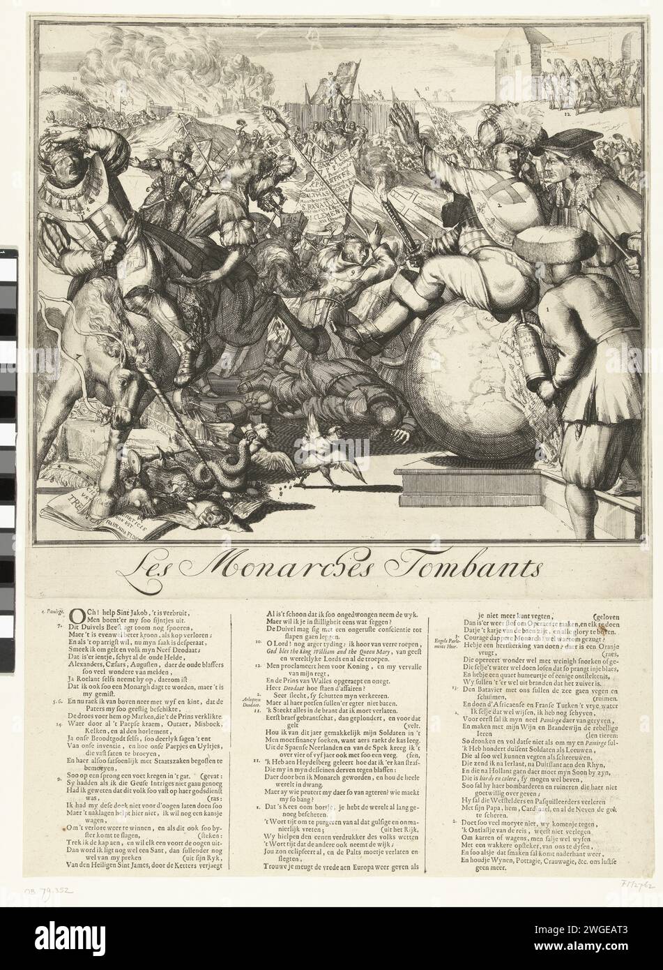 Cartoon on the Fall of Jacobus II. And the waky Position of Ludwig XIV., 1689, 1689 Print Cartoon on the Waky Position of Ludwig XIV., 1689. Der König Jacobus II. Mit seinen Augen und seiner Frau und dem armen Kind werden vom Einhorn geworfen. Auf der rechten Seite wird Louis XIV (mit türkischem Turban) von einem niederländischen Seemann mit Wolkenspritze gereinigt. Ein Mitglied des englischen parlaments hält dem französischen König eine Orange unter der Nase. Katholiken fliehen in der Mitte. Im Hintergrund ist Wilhelm III. König von Großbritannien, links die Stadt Heidelberg geplündert und geröstet Stockfoto