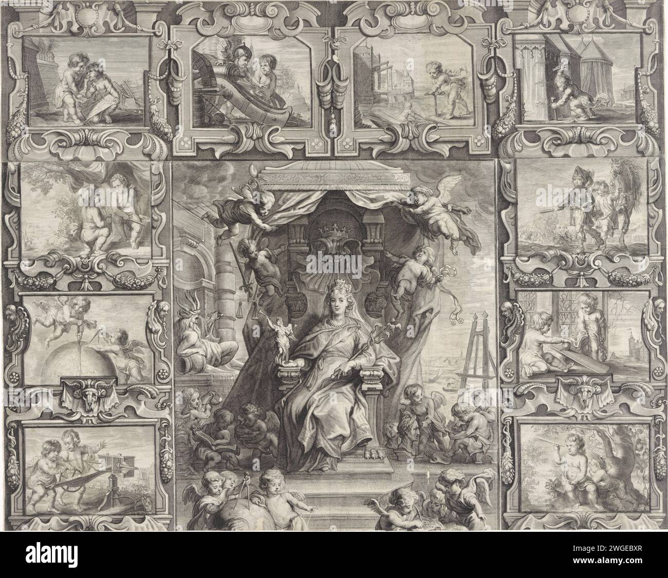 Stadt Jungfrau von Antwerpen umgeben von allegorischen Darstellungen (Platte 1), Jacob Neefs, nach Theodoor van Thulden, 1640 Druck Oberer Teil der Aufführung mit dem Stedenmaag van Antwerpen umgeben von allegorischen Darbietungen. Der Stedsmaarden von Antwerpen, auf einem Thron sitzend, mit dem Caduceus in der einen Hand und einem Bild der Göttin Victoria in der anderen Hand. Vier Putten mit den Attributen der vier Kardinaltugenden Vorsicht, Gerechtigkeit, Mäßigung und Stärke stoppen die Vorhänge des Baldachins. Für den Thron liest Putti in Büchern, übt Kunst, misst einen Globus und schreibt Zahlen mit einem p Stockfoto