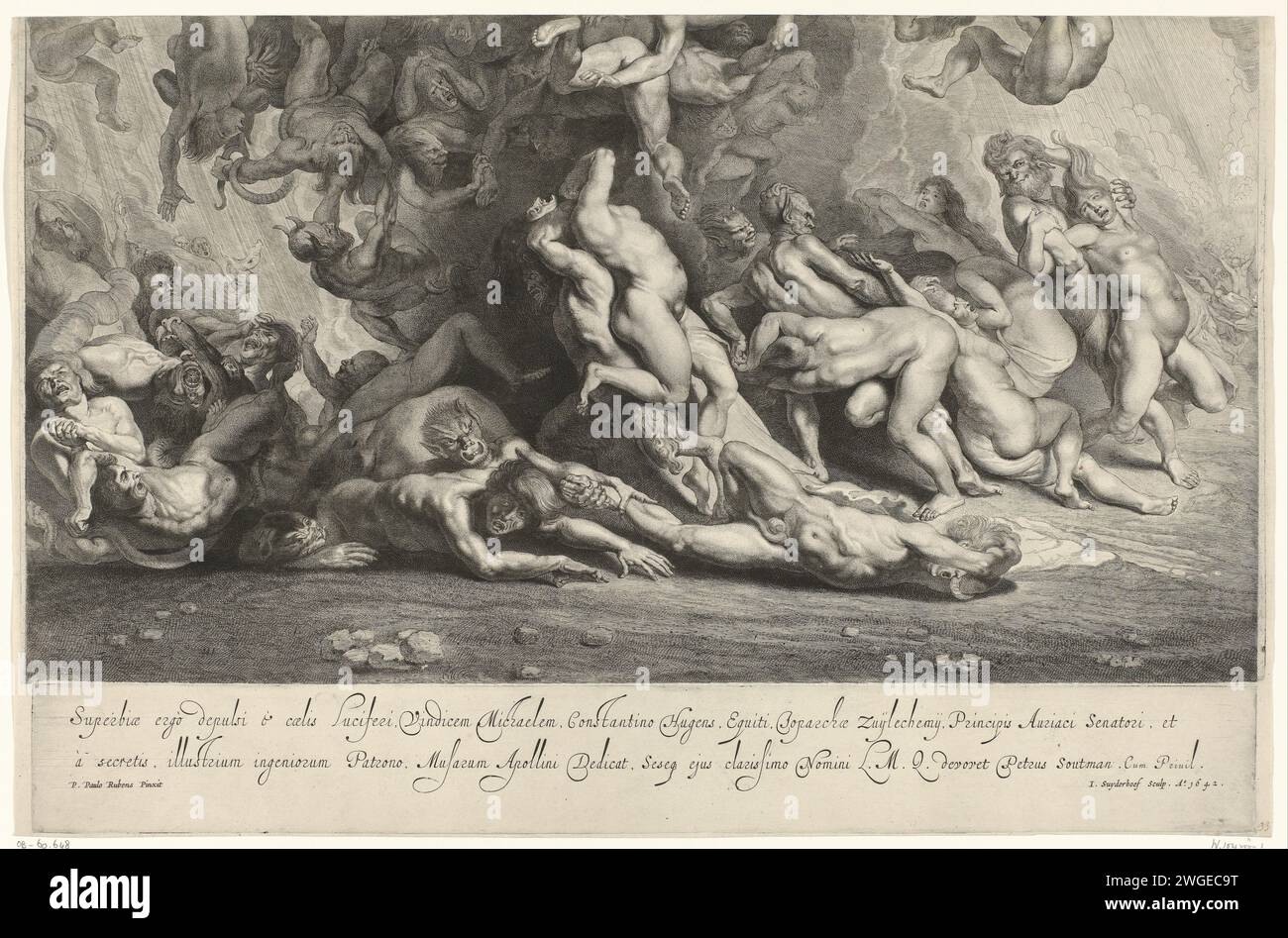 Der Fall der Verdammten (Bodenplatte), Jonas Suyderhoef, nach Peter Paul Rubens, 1642 Druck Engel werfen die Verdammten in die Hölle. Bodenplatte einer großen Leistung, bestehend aus zwei Teilen. Haarlem Papier, das den Fall des Verdammten  das letzte Gericht graviert Stockfoto