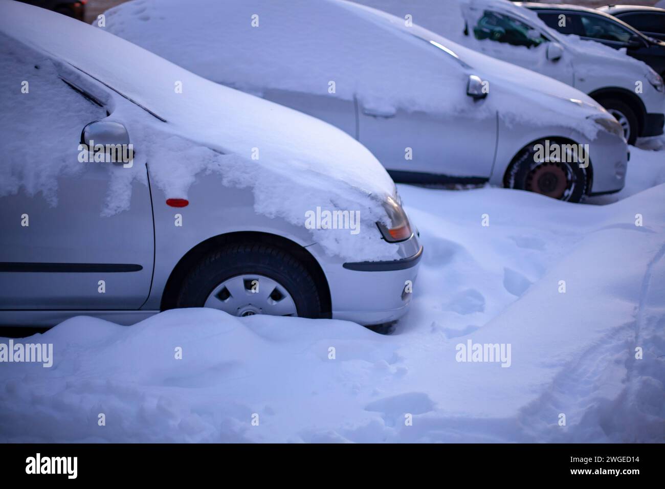 Geparkte Autos mit Schnee bedeckt. Straßenverkehrssicherheit im Winter. Wetterbedingungen. Stockfoto