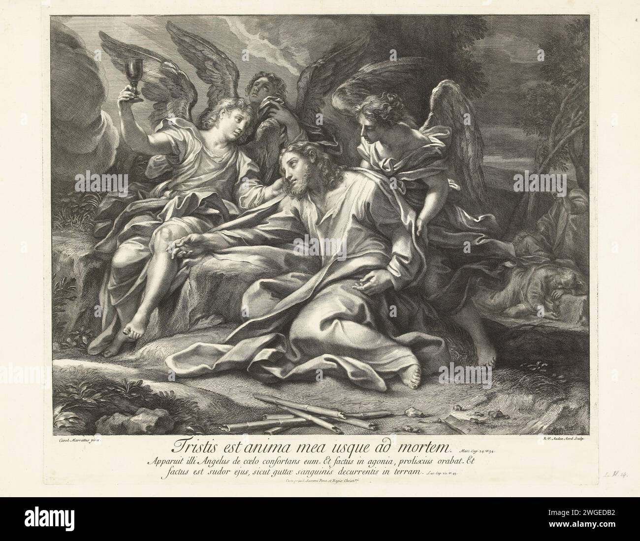 Christ on the Olijf Mount, Robert van Audenaerd, nach Carlo Maratta, 1685–1723 Druck Christus mit Petrus, Jakobus und Johannes zieht sich zum Ölberg zurück, um zu beten. Er hat Angst vor dem, was in der kommenden Periode geschehen wird. Ein Engel bringt ihm einen Becher, um wieder Kraft zu erlangen. Im Hintergrund waren zwei der drei Schüler, die er gebeten hatte, für ihn einzuschlafen. In der Ausstellung wird auf zwei Bibelverse verwiesen: März 14,34 und Luc. 22.43. Rom Papiergravur des Gebets Christi im Garten Gethsemane während der Nacht Stockfoto Christ on the Olijf Mount, Robert van Audenaerd, nach Carlo Maratta, 1685–1723 Druck Christus mit Petrus, Jakobus und Johannes zieht sich zum Ölberg zurück, um zu beten. Er hat Angst vor dem, was in der kommenden Periode geschehen wird. Ein Engel bringt ihm einen Becher, um wieder Kraft zu erlangen. Im Hintergrund waren zwei der drei Schüler, die er gebeten hatte, für ihn einzuschlafen. In der Ausstellung wird auf zwei Bibelverse verwiesen: März 14,34 und Luc. 22.43. Rom Papiergravur des Gebets Christi im Garten Gethsemane während der Nacht Stockfoto