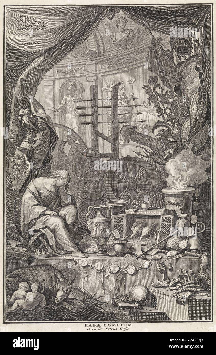 Allegorische Titelseite mit verschiedenen Verweisen auf die Stadt Rom, Matthijs Pool, nach Arnold Houbraken, 1737 gedruckt eine allegorische weibliche Figur trauert inmitten aller Arten von römischen Antiquisten und Waffen. Zu ihren Füßen sind eine Krone und ein Bündel Pfeile. Im Vordergrund der Wolvin mit Remus und Romulus. Im Hintergrund eine Nische mit Statuen und Büsten römischer Kaiser und Feldherren. Ein Soldat schiebt einen Vorhang, auf dem der Titel Latin beiseite gelegt wird. Druckerei: Amsterdampublisher: Die Haager Papierstich-/Ätzstädte symbolisch oder allegorisch dargestellt. Romulus und Remus sind Washe Stockfoto