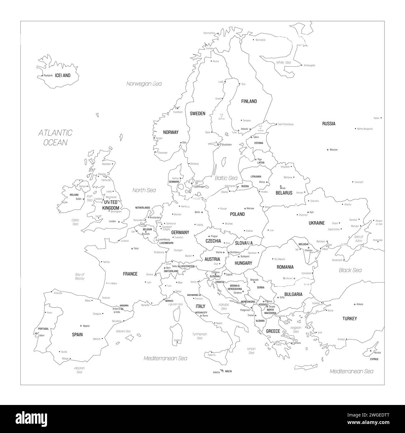 Politische Landkarte Europas. Blaue Vektorkarte mit Hauptstadt und wichtigen Städten europäischer Länder und Wasserkörpern rund um den Kontinent. Stock Vektor