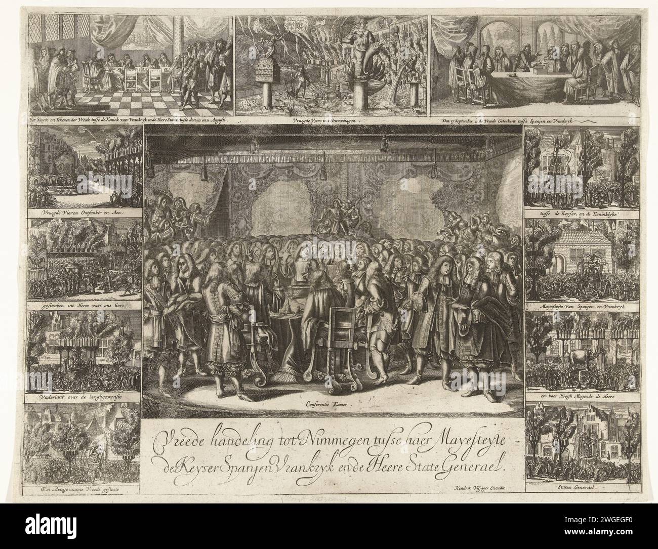 Der Frieden von Nijmegen, 1678, 1678 drucken der Frieden von Nijmegen. Zentrale Eid auf den friedensvertrag zwischen der Republik und Frankreich am 10. August 1678. Zentrale Vertretung der Vertreter, die sich um einen Tisch in einem Raum versammelt haben. Um diese kleineren Darstellungen der Friedensfeier in verschiedenen Städten und (oben rechts) der Friedensschluss zwischen Spanien und Frankreich am 17. September. Nordniederländische Papiergravur Unterzeichnung des friedensvertrags, Abschluss des Friedens. Eid schwören (mit zwei gestreckten Fingern). Lagerfeuer, Feuerwerk Rathaus Stockfoto