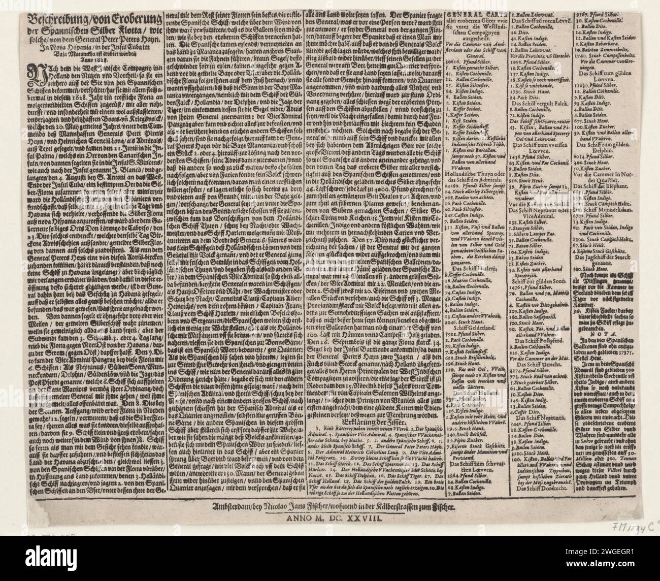 Textblatt zum Druck der Eroberung der Silberflotte in der Bucht von Matanzas durch Admiraal Piet Heyn, 1628, 1628 Textblatt zum Druck der Eroberung der Silberflotte in der Bucht von Matanzas durch Admiraal Piet Heyn, 1628. Beschreibung der Ereignisse in 3 Spalten mit der Legende 1-20 auf Deutsch, gefolgt von 3 Spalten mit einer Liste der Beute pro Schiff. Amsterdam Papier Buchdruck Matanzas Bay Stockfoto