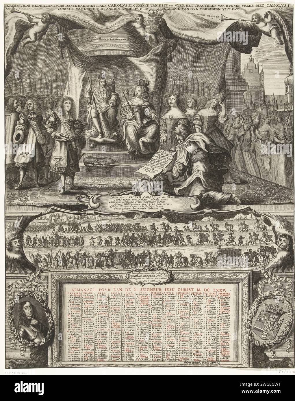 Allegory on the Peace with England 1674 and the Almanak for the Year 1675, 1674 druckte Allegory on the Peace of Westminster with England am 19. Februar 1674, was den Dritten Englischen Krieg beendete. Der friedensvertrag wird von einem Boten an König Karl II. Angeboten, der auf seinem Thron neben Königin Catharina sitzt. Auf beiden Seiten der Thronhöfe, direkt zwischen den öffentlichen Personifizierungen der Tugenden. Unterhalb einer Kartusche mit dem triumphalen Einzug Willems III. In die eroberte Stadt Grave am 8. Oktober 1674. Unten ist der Almanak für das Jahr 1675, mit Porträt und Waffe von Willem III Druckerei: Souther Stockfoto