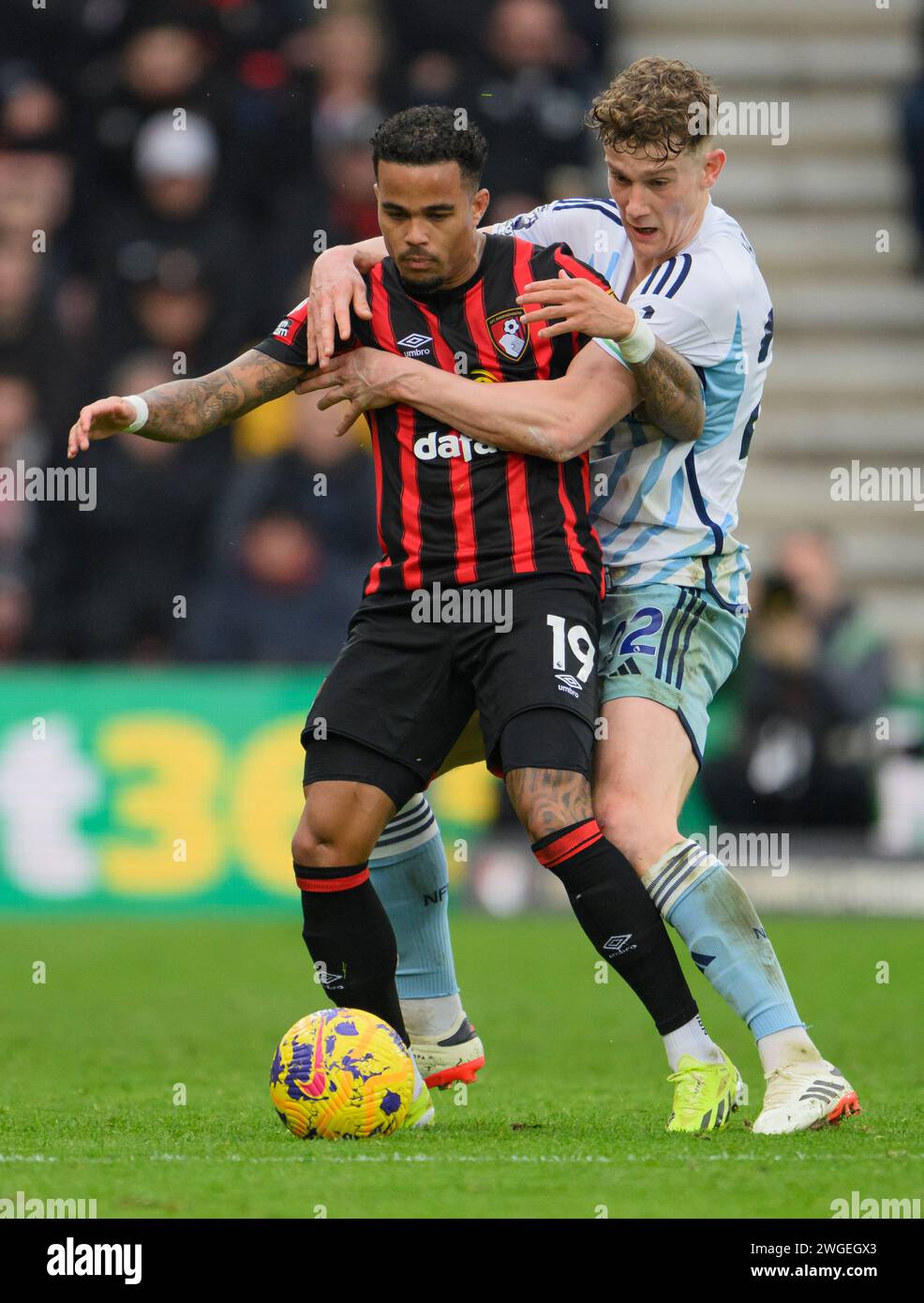 Bournemouth, Großbritannien. 30. Januar 2024. Bournemouth, England, 4. Februar 2024: Justin Kluivert von Bournemouth (links) wird von hinten vom Nottingham Forest Ryan Yates (rechts) während des Premier League-Fußballspiels zwischen Bournemouth und Nottingham Forest im Vitality Stadium in Bournemouth, England (David Horton/SPP) angegriffen. /Alamy Live News Stockfoto