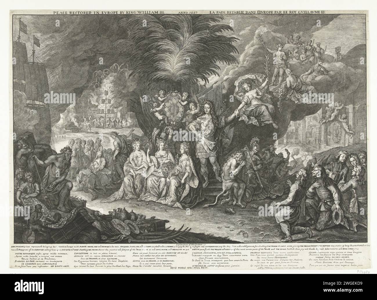 Allegory on King Wilhelm III. As a Bringer of Peace in Europe, 1697, 1697 Print Allegory of King Wilhelm III. Als Friedensbringer in Europa mit dem Abschluss des Friedens von Rijswijk am 20. September 1697 zwischen Frankreich und den Alliierten. Willem hilft dem Frieden vom Himmel bis zur Erde, vor ihm die Jungfrauen von England, Irland und Schottland, zusätzlich ruht Herkules auf seinem Club und Mars legt sein Schwert zurück in die Scheide. Auf der rechten Seite knien die Alliierten in Dankbarkeit für das Schließen der Türen des Tempels des Janus, auf der linken Seite heißt Hoffnung die geflohenen französischen Protestanten willkommen. Im Hintergrund Lagerfeuer für Stockfoto