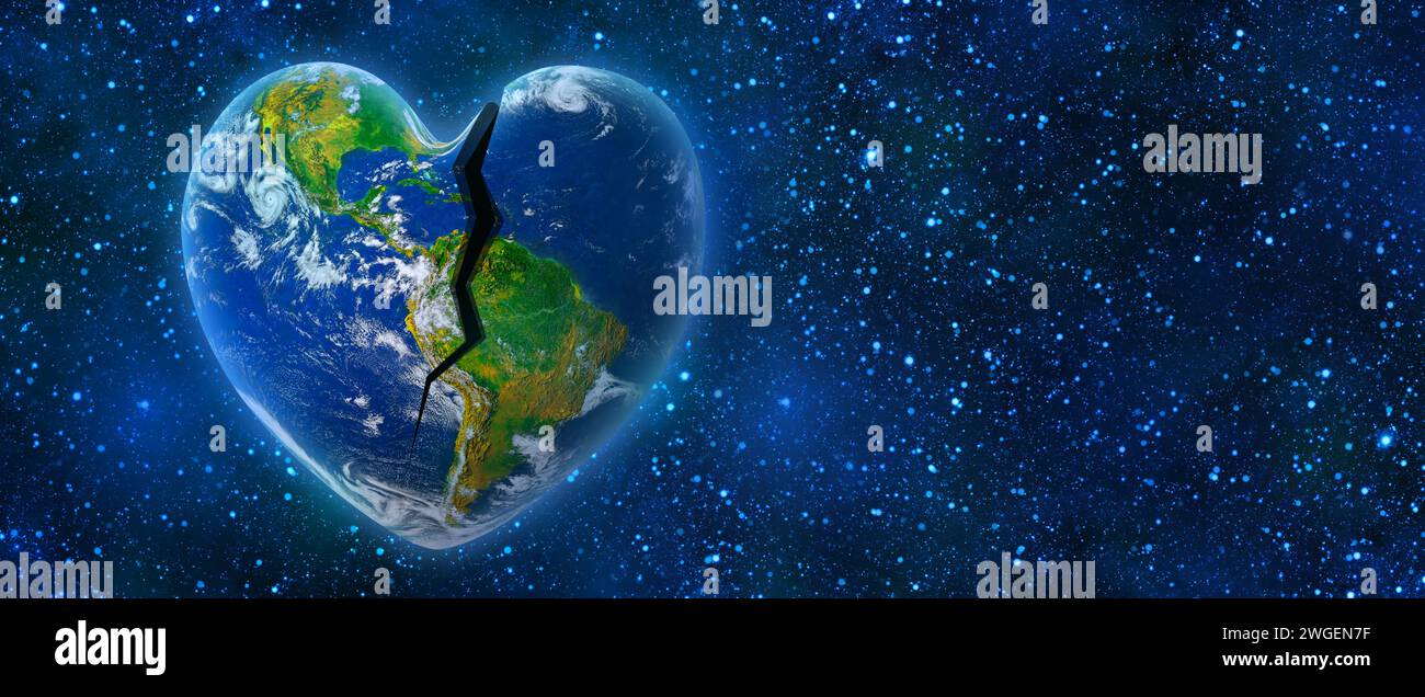 Erde in Form eines gebrochenen Herzens, Ökologie und Umweltkonzept, Elemente dieses Bildes von der NASA, Banner with Copy Space Stockfoto