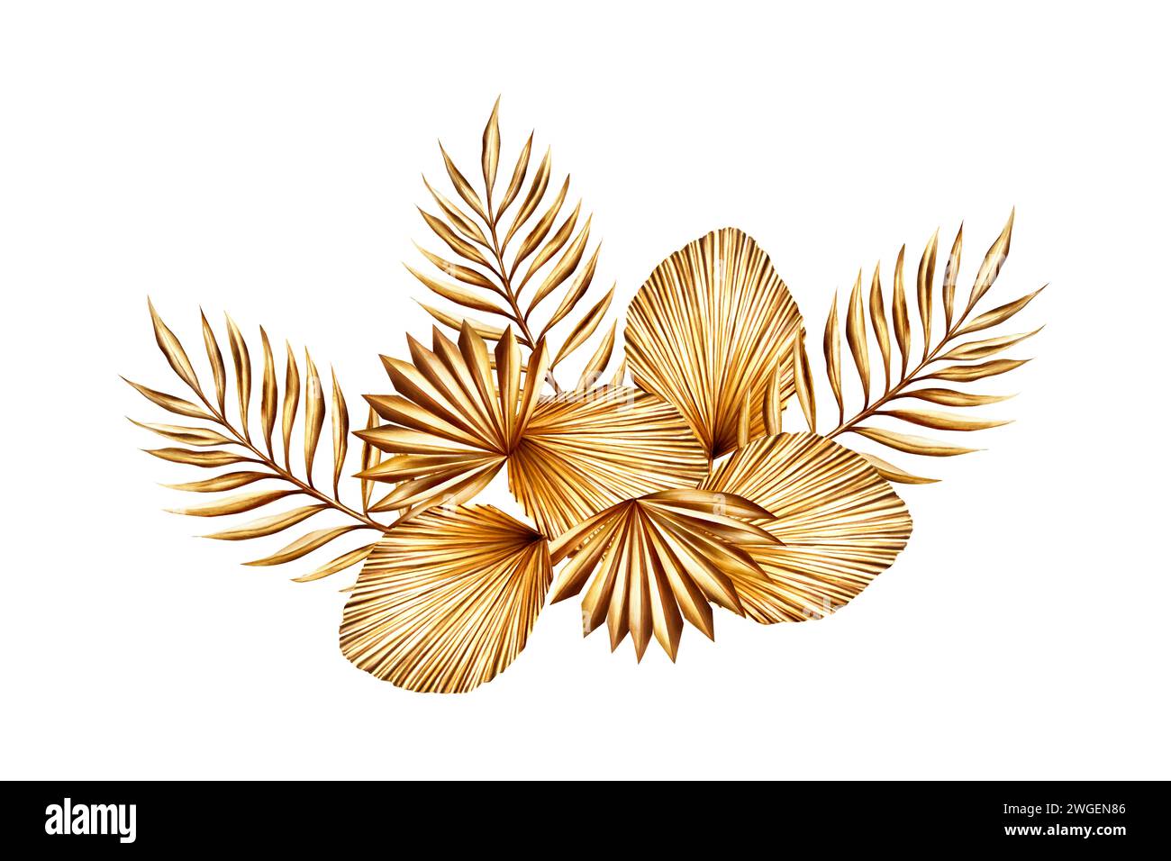 Aquarellkomposition mit goldenem Pampasgras, Dattelpalmenzweig-Illustration isoliert auf weißem Hintergrund. Botanik und Hochzeit und Ramadan Kareem Stockfoto