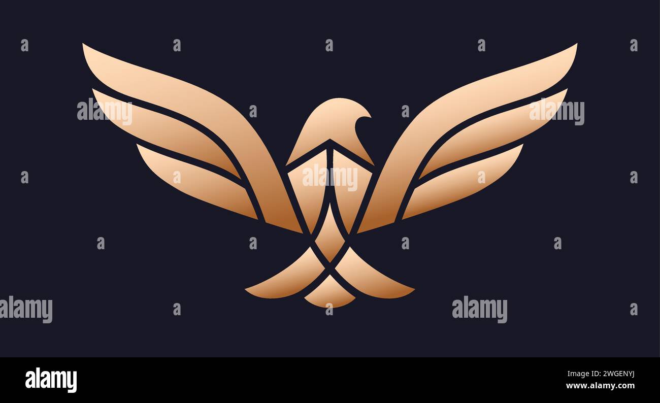 Vogeletikett, Schild, Logo Eagle, Raven, Marke Phoenix. Logo Goldvogel, Vorlage Firmenzeichen, wilde Fliege Wappensymbol. Symbol für grafische Vorlage, Schriftzug für Vogel. Vektorabbildung Stock Vektor