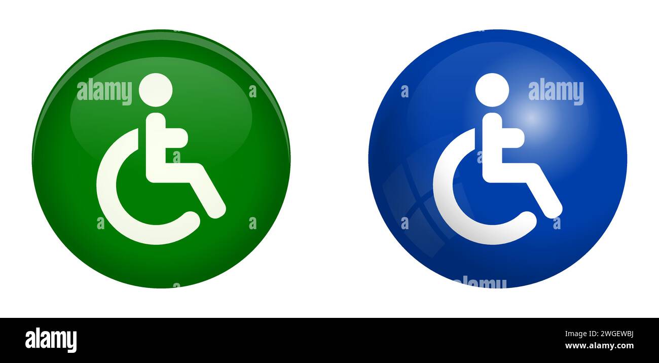 Rollstuhlsymbol für Behinderte in grüner und blauer Kugel oder 3D-Kreis, behindertenfreundliches Symbol Stock Vektor