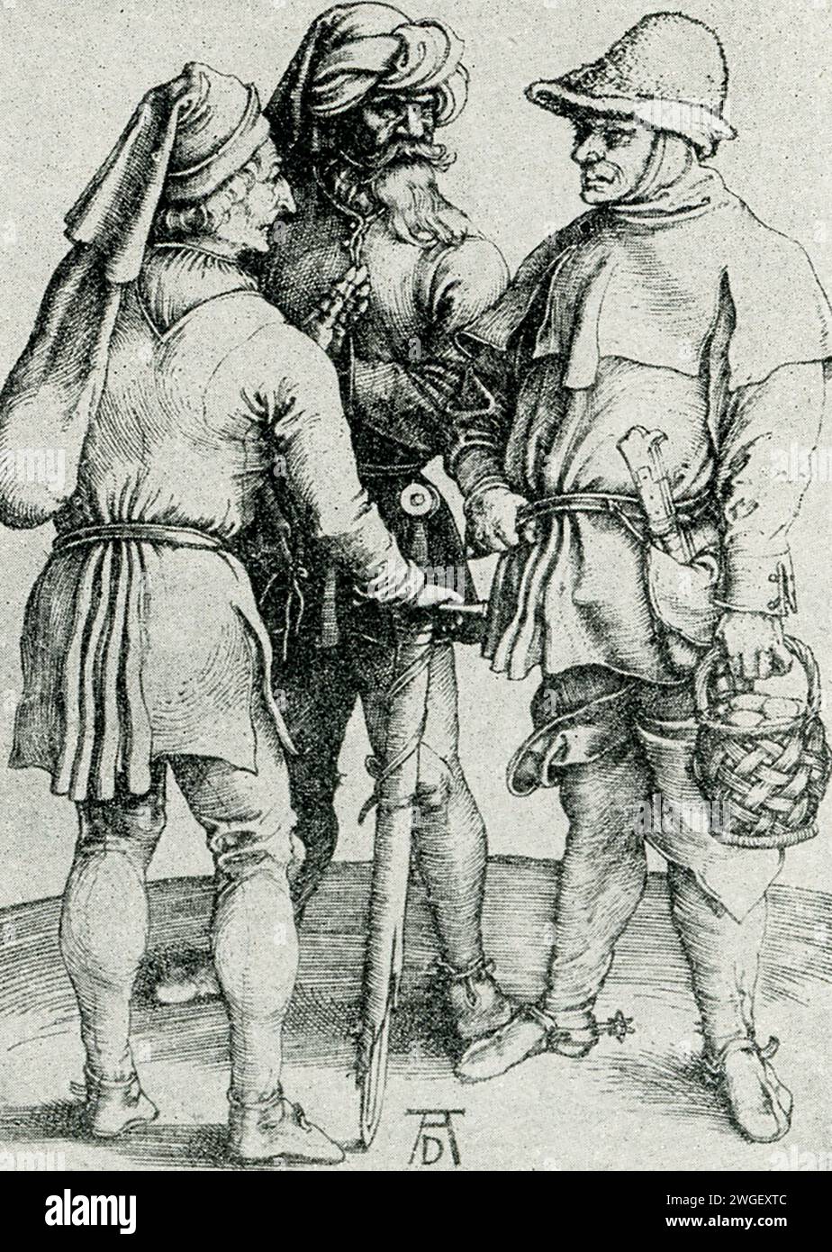 Hier sehen Sie Bauern, die auf den Markt kommen, ein Gemälde von Albrecht Durer. Sie befindet sich in Berlin. Die Zeit liegt um die deutsche Reformation. Albrecht Durer (* 1528) war ein deutscher Maler und Druckmacher. Viele halten ihn für den größten deutschen Renaissance-Künstler. Stockfoto