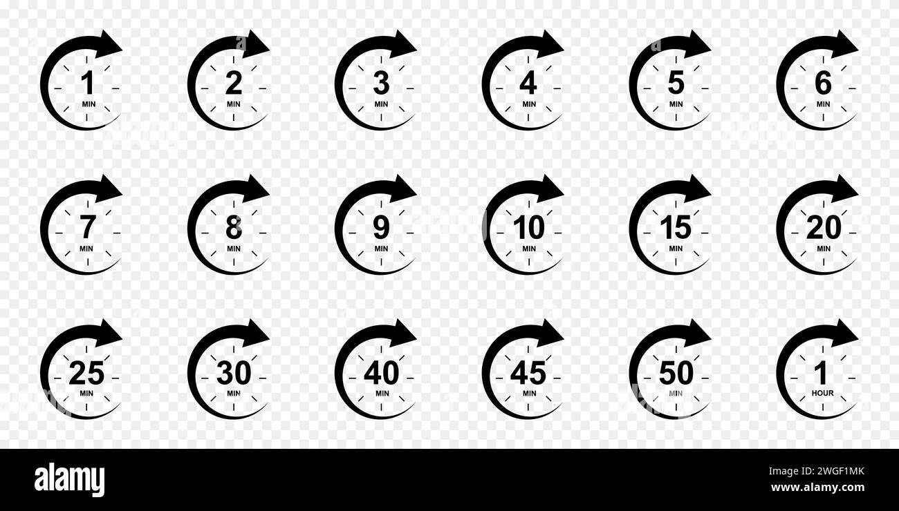 Minutensymbole mit Kreispfeilen. Stoppuhrsymbole. 1, 2, 3, 4, 5, 6, 7, 8, 9, 10, 15, 20, 25, 30, 40, 45, 50 Minuten und 1 Stunde Sport- oder Kochzeitschaltuhr. Vektorgrafik Stock Vektor