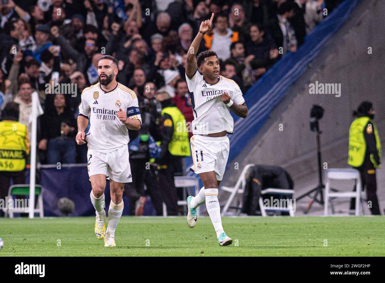 Madrid, Spanien. Februar 2024. Fußballspiel La Liga: Real Madrid gegen Atletico de Madrid im Santiago Bernabeu Stadion in Madrid, 4. Februar 2024 Rodrygo und Carvajal 900/Cordon Press Credit: CORDON PRESS/Alamy Live News Stockfoto