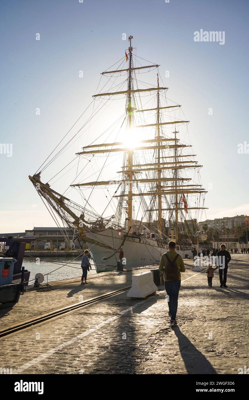 Segelschiff Dänemark im Hafen Port Malaga, Andalusien, Costa del sol, Spanien. Stockfoto