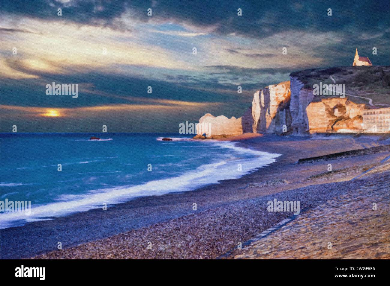 Die Klippen und die Kapelle Notre-Dame de la Garde in Etretat, Frankreich. Stockfoto