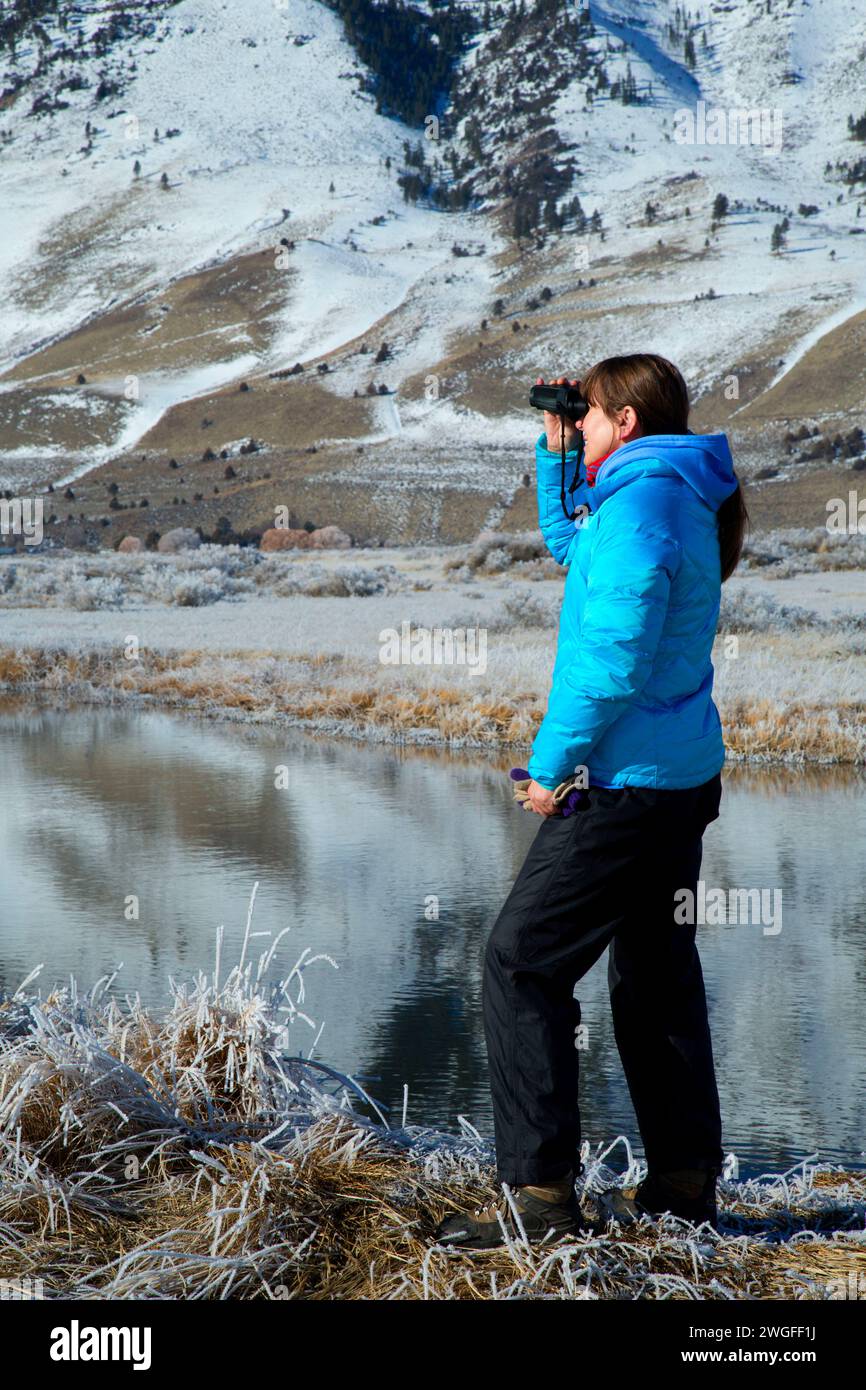 Vogelbeobachtung am Ana River zum Winter Rim, Summer Lake Wildlife Area, Oregon Outback Scenic Byway, Oregon Stockfoto