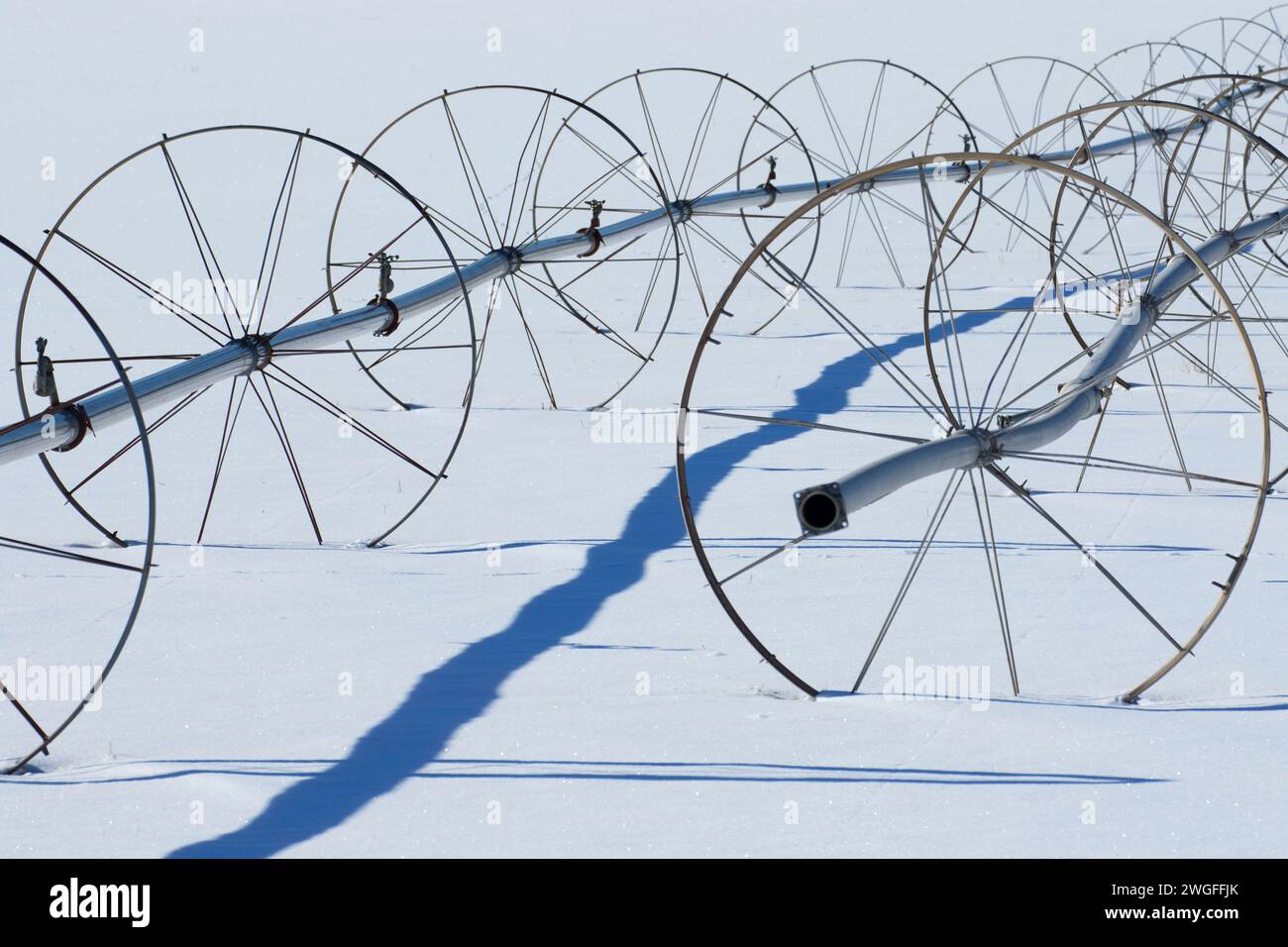 Bewässerungsrohr auf Schnee, Oregon Outback Scenic Byway, Oregon Stockfoto