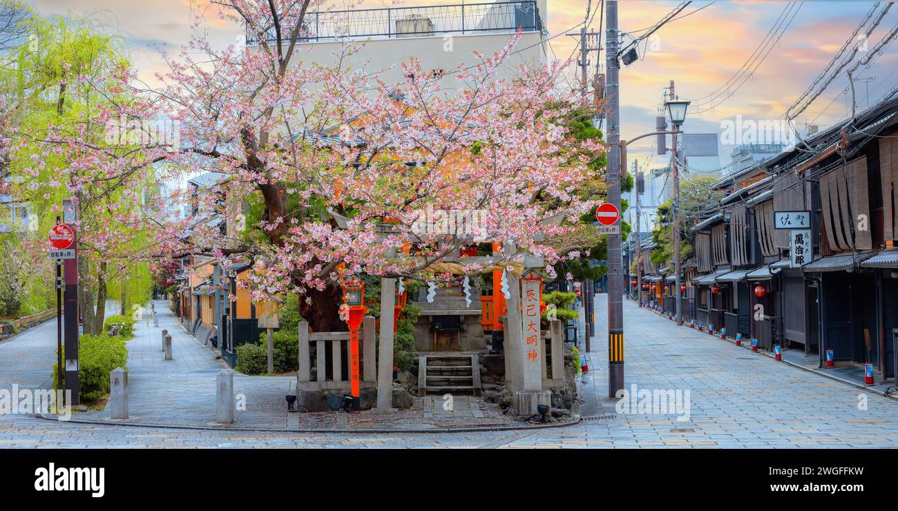 Kyoto, Japan - 6. April 2023: Tatsumi Daimyojin-Schrein in der Nähe der Tatsumu-Bashi-Brücke im Stadtteil Gion Stockfoto
