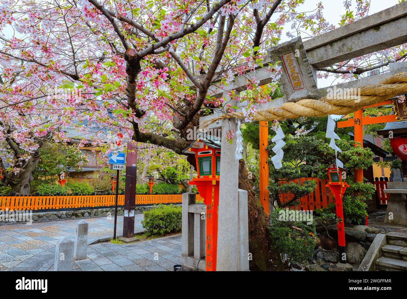 Kyoto, Japan - 6. April 2023: Tatsumi Daimyojin-Schrein in der Nähe der Tatsumu-Bashi-Brücke im Stadtteil Gion Stockfoto