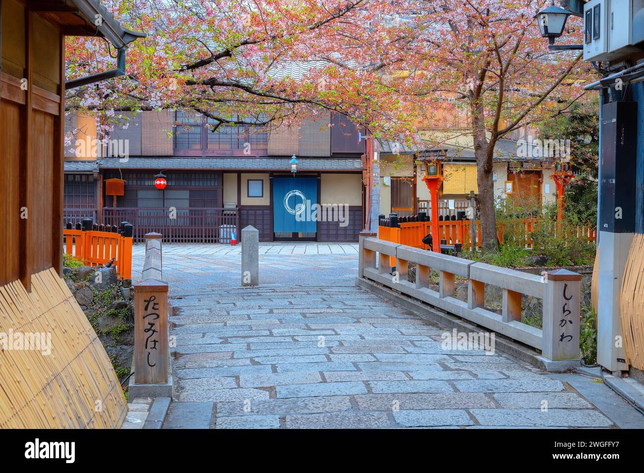 Kyoto, Japan - 6. April 2023: Die Tatsumi-Bashi-Brücke ist der berühmte Ort des Stadtteils Gion. Es ist eine kleine Brücke, die den Fluss Shirakawa überquert Stockfoto