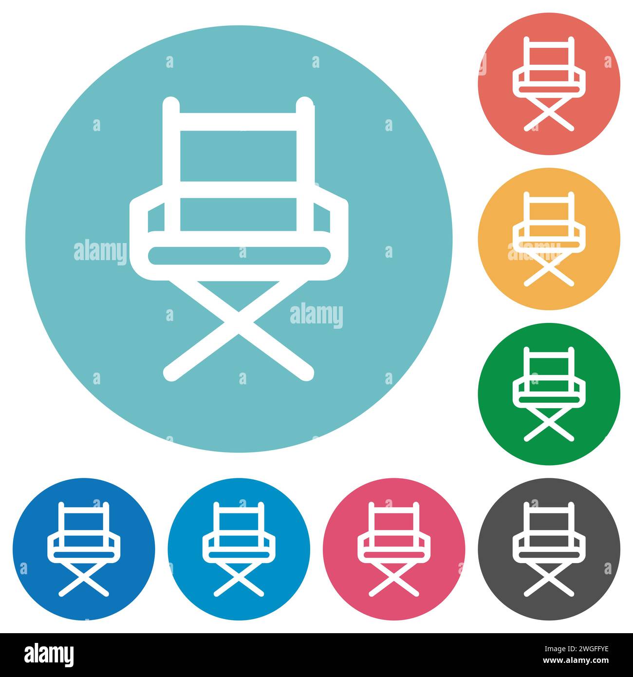 Der Stuhl des Direktors zeigt flache weiße Symbole auf runden farbigen Hintergründen Stock Vektor
