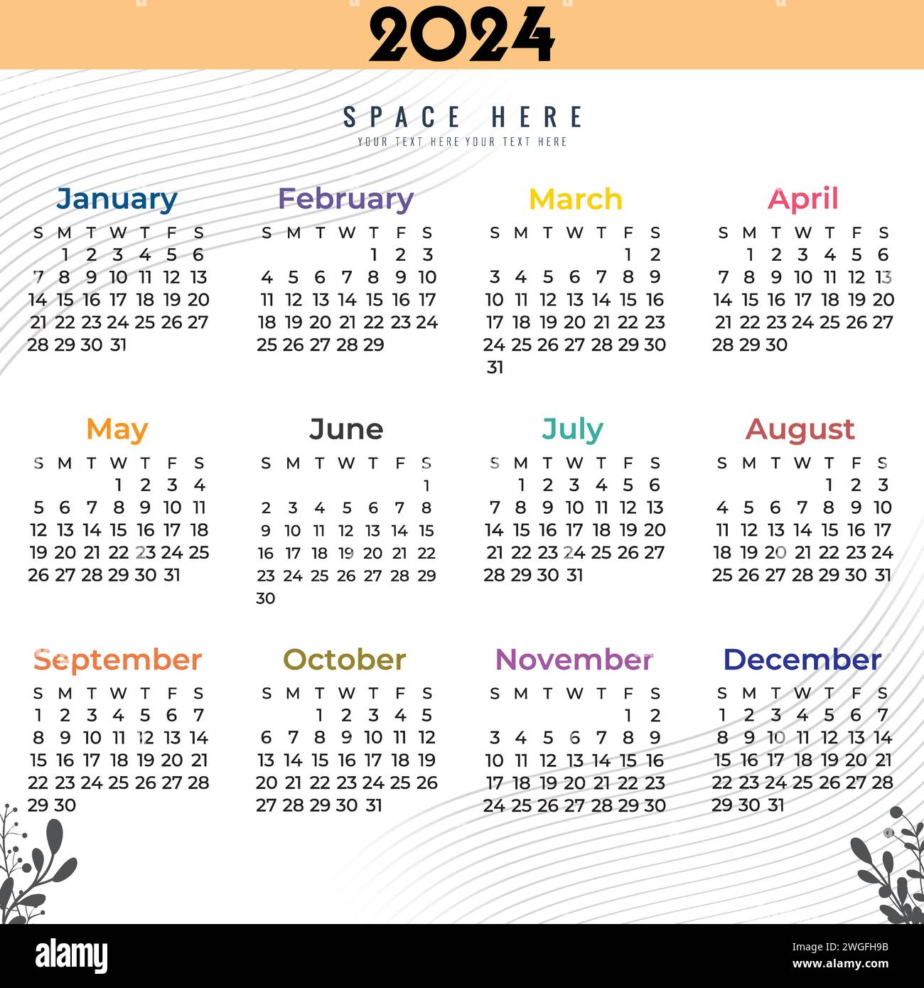 Kalender 2024 einfache Planer-Designvorlage, Tischkalender 2024 Jahre, Wandkalender 2024 Vorlage, Printmedien, Werbung. Stock Vektor