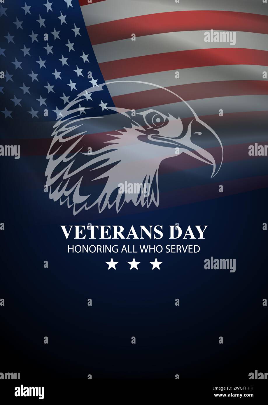 Amerikanischer Weißkopfseeadler Symbol auf flatternder amerikanischer Flagge Hintergrund, Veteranentag, Vektor-Illustration Stock Vektor