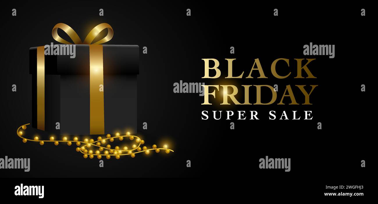 Black Friday Super Sale Text mit schwarzer Geschenkbox als Dekoration, Vektorillustration Stock Vektor