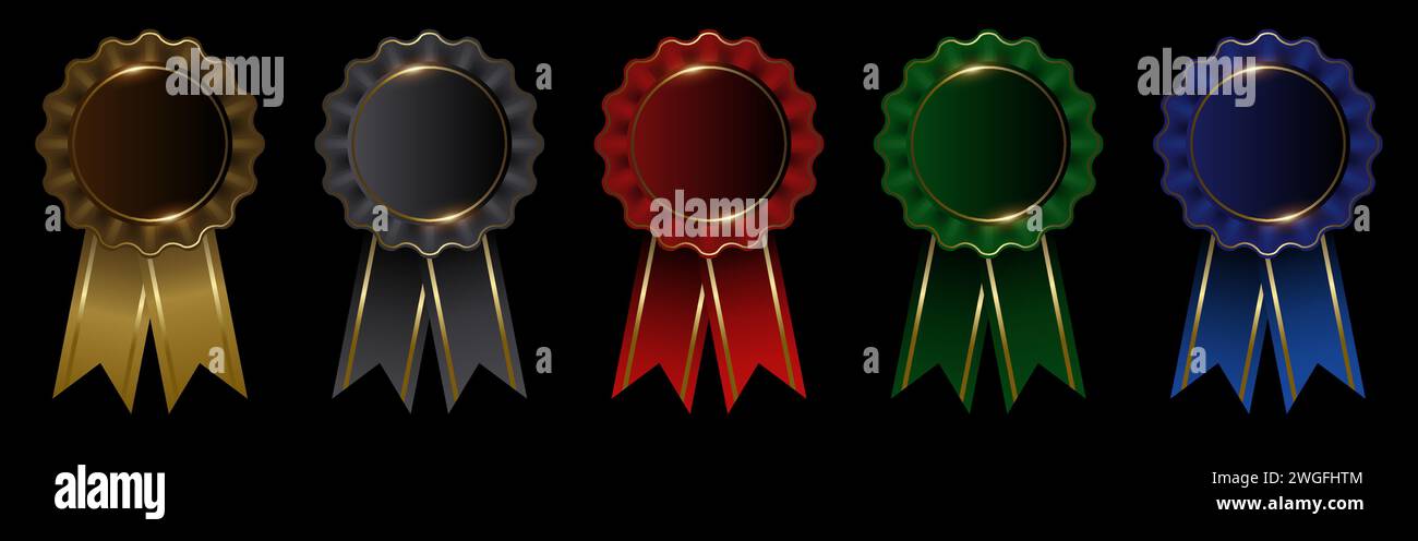 Rosette-Abzeichen in fünf Farben, Zertifizierungssymbol oder -Logo, Rewads, Standardisierung, Vektorillustration Stock Vektor