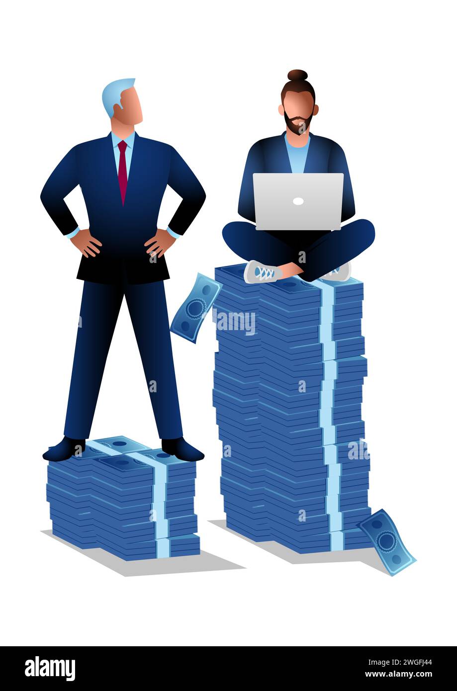 Freiberufler mit Laptop, der auf einem höheren Geldstapel sitzt als ein formeller Geschäftsmann, Einkommensunterschied zwischen Männern, Vektorillustration Stock Vektor