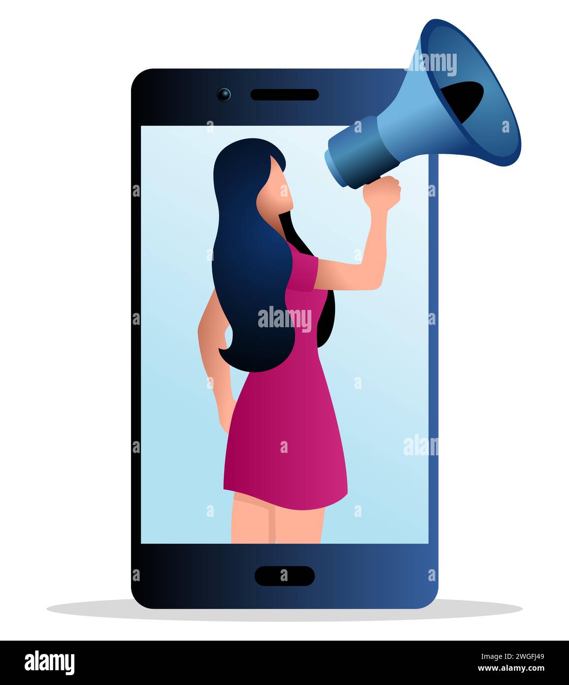 Weibliche Figur kommt aus dem Handy mit Megaphon, Influencer, Beauty-Peitsche, Selbstwerbung in sozialen Medien, Vektor-Illustration Stock Vektor