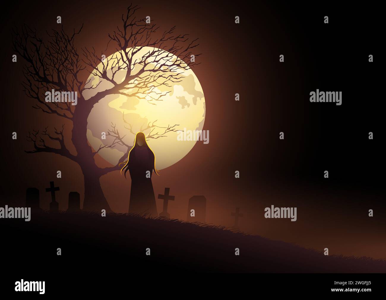 Gruselige Frauenfigur mit langen Haaren auf Friedhof in der Nähe von getrocknetem Baum, Horror Halloween Konzept, Vektor-Illustration Stock Vektor